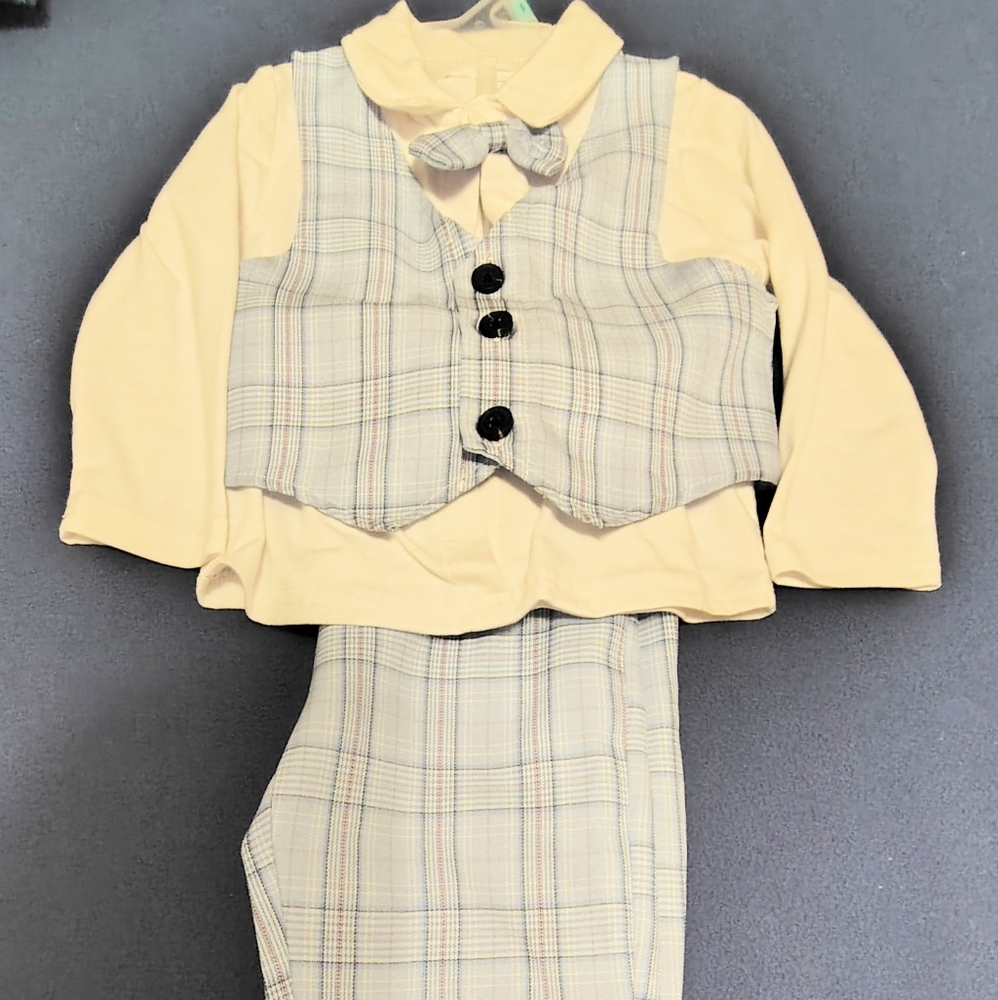 Blue Plaid Vest and Pants Set with White Shirt